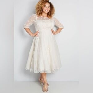 ModCloth Ivory Tea-Length Wedding Dress with Sheer Embroidered Overlay